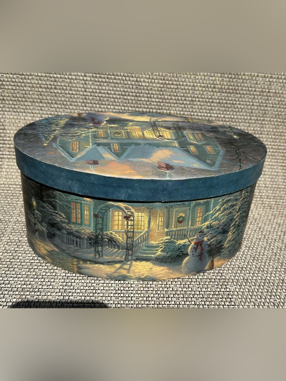 Thomas Kinkade Winter Cottage Decorative Box W/Lid - Blue, White, Gold Accents